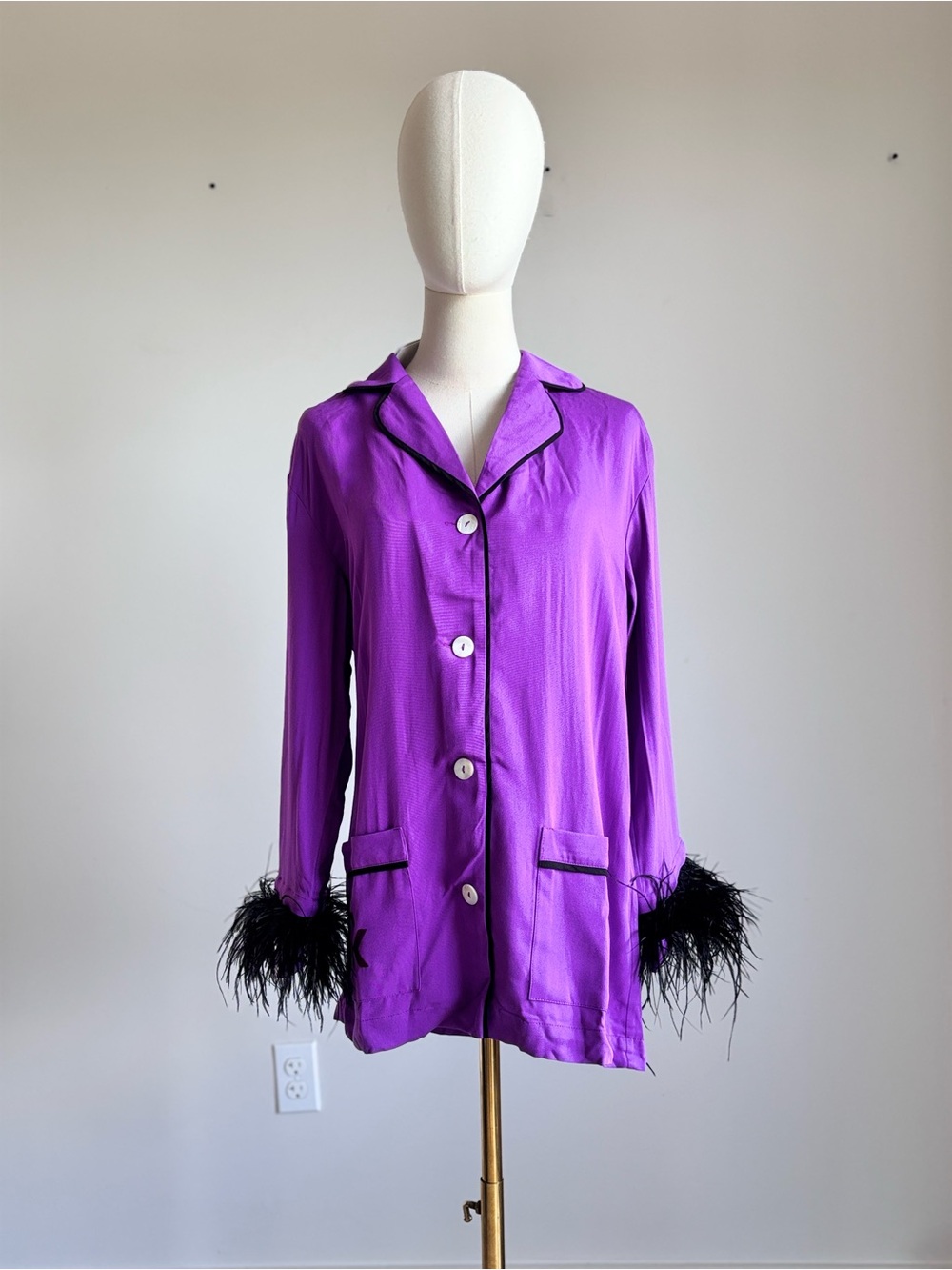 Sleeper x Kevin Murphy Dark Purple Feather Trim Pajama Top Medium NWT